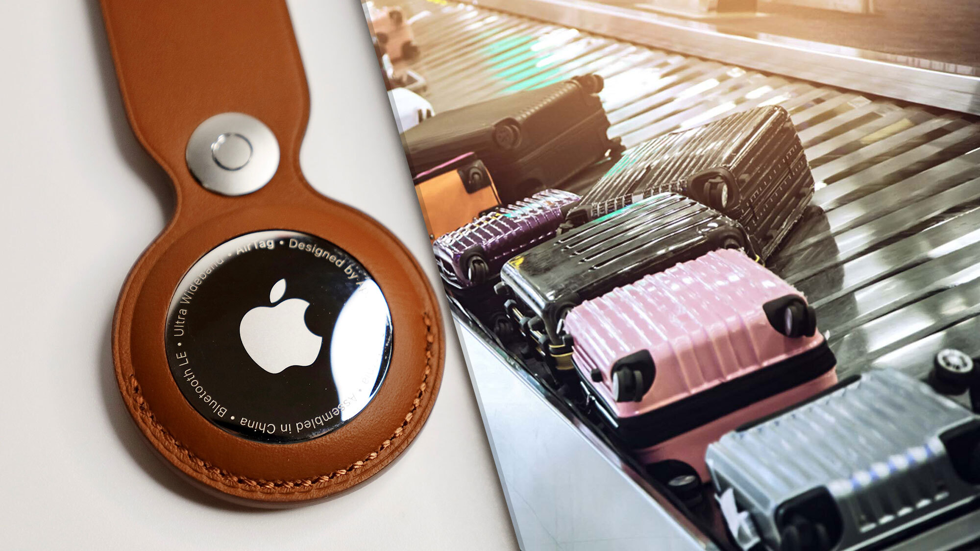 Image of an Apple AirTag and Luggage on a conveyor belt