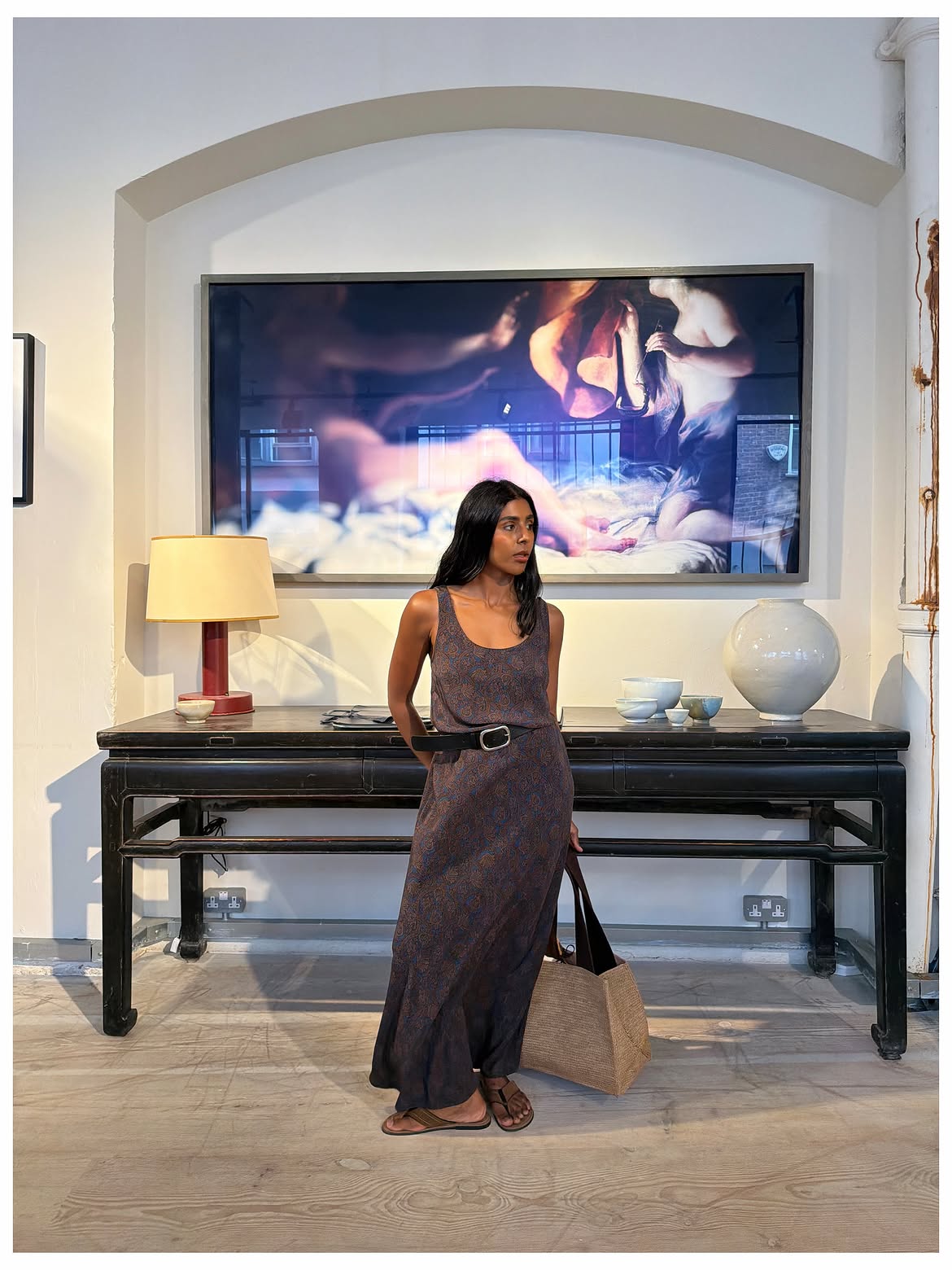 @monikh wears printed silk dress flip flops
