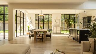 An open plan living room and kitchen with aluminium framed windows and doors