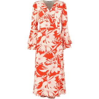 The Dantea Long Flare Sleeve Wrap Dress Satin Floral - Red by Lavaand