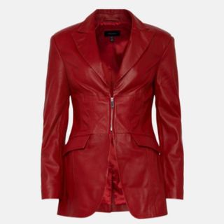 flat lay image of a red Karen Millen Leather Corset Detail Blazer