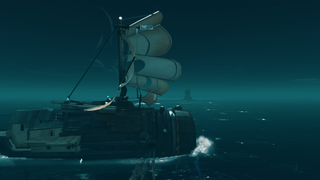 Far: Changing Tides screenshot showing a makeshift boat sailing through a dark, misty seascape.