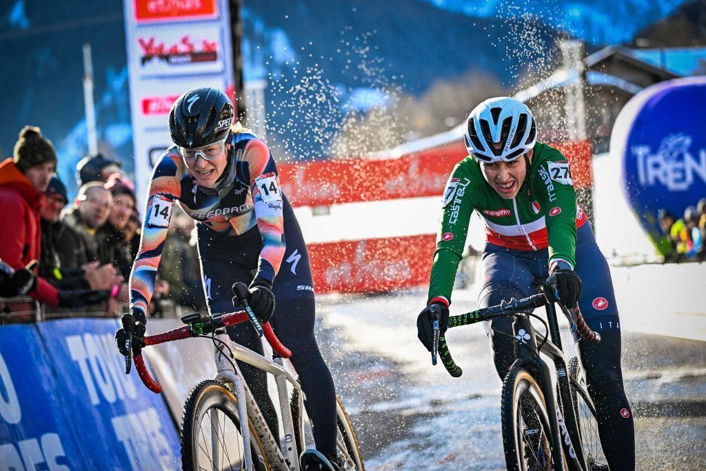 Canadian Maghalie Rochette and Italian Silvia Persico sprint to the finish of the womens elite race of the Cyclocross World Cup race in Val di Sole Italy Saturday 17 December 2022 stage ten out of 14 in the World Cup of the 20212022 seasonBELGA PHOTO JASPER JACOBS Photo by JASPER JACOBS BELGA MAG Belga via AFP Photo by JASPER JACOBSBELGA MAGAFP via Getty Images