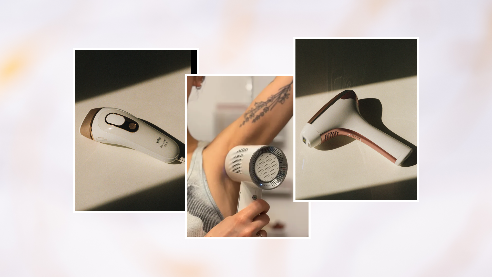 Photos of the Braun Pro Braun Silk Expert Pro 5 IPL, Belle Z., a 'Marie Claire' tester, testing the Currentbody Laser Hair Removal Device, and a photo of the Mismon Hair Removal Device.