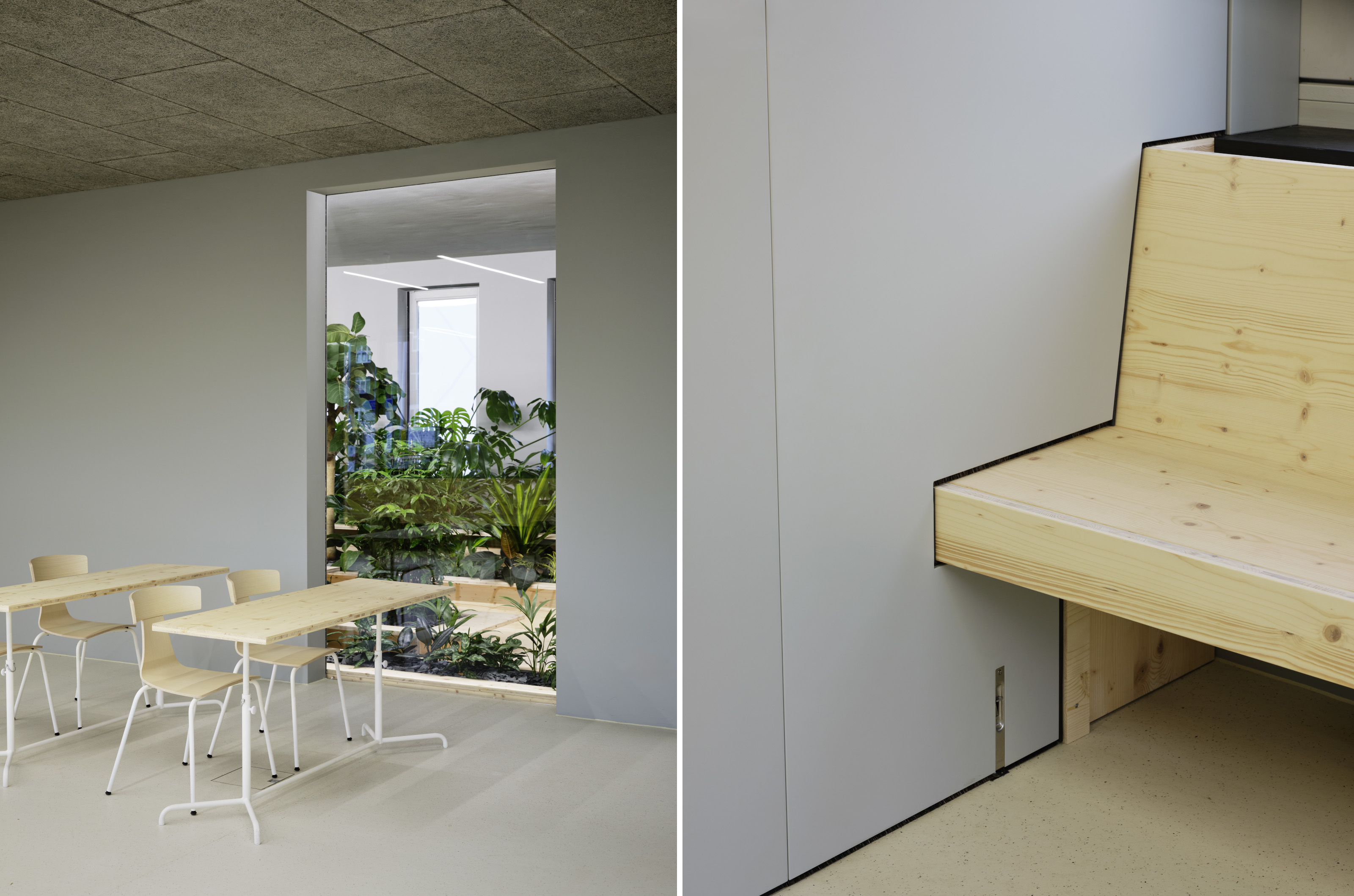 A view into the internal garden (left) and the partition sliding across the integral bench (right)