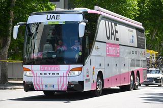 UAE Team Emirates team bus gets the pink treatment for the final stage of the Giro d'Italia 2024