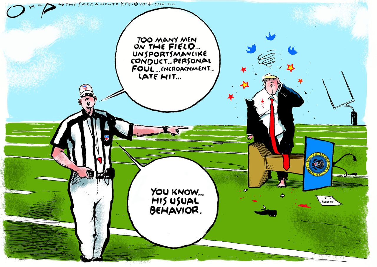 Political cartoon U.S. Trump tweets NFL kneeling