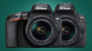 The Nikon D3500 and D5600 DSLRs on a green background