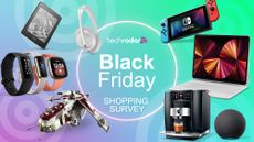 A selection of tech devices including Amazon Kindle, Bose QuietComfort headphones, Amazon Echo, Apple iPad and Nintendo Switch on a green-purple background. In the center are the words 'Black Friday Shopping Survey'