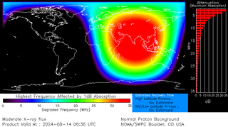 map showing a large red region which depicts the highest degraded frequency, the area lies over Asia and the Indian Ocean.