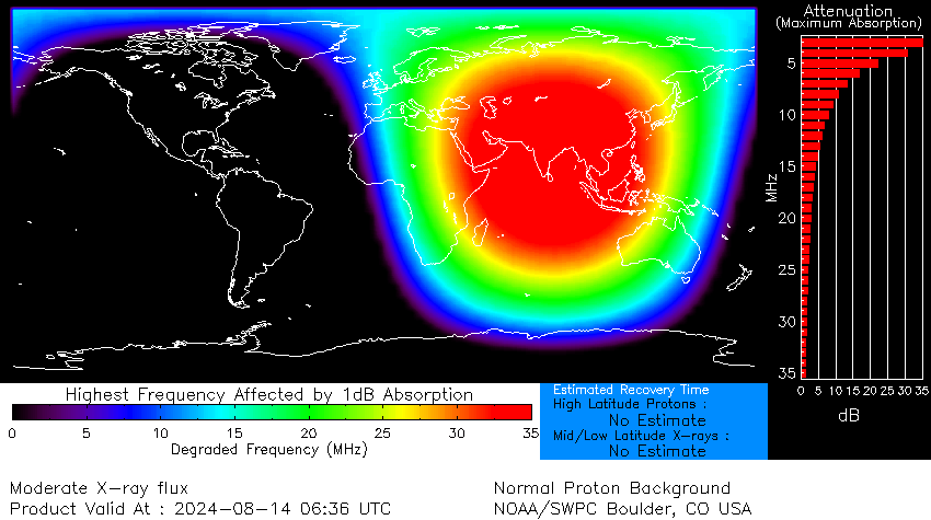 Kaart met een groot rood gebied dat de hoogste gedegradeerde frequentie vertegenwoordigt, gelegen boven Azië en de Indische Oceaan.