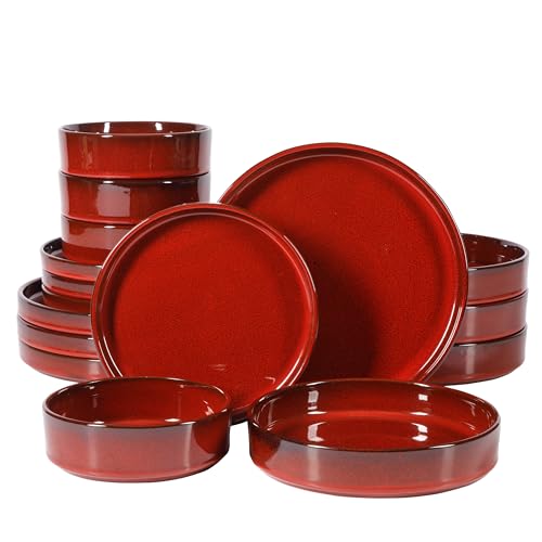 Bloomhouse - Two Time Oprah's Favorite Things Winner - Santorini Mist Double Bowl Terracotta Reactive Glaze Plates and Bowls Dinnerware Set - Garnet Red, Service for Four (16pcs)