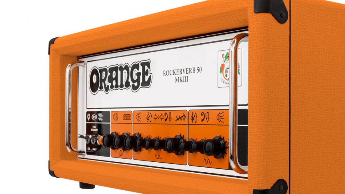 Clode up of the front panel of the Orange Rockerverb 50 MKIII at an angle on a white background