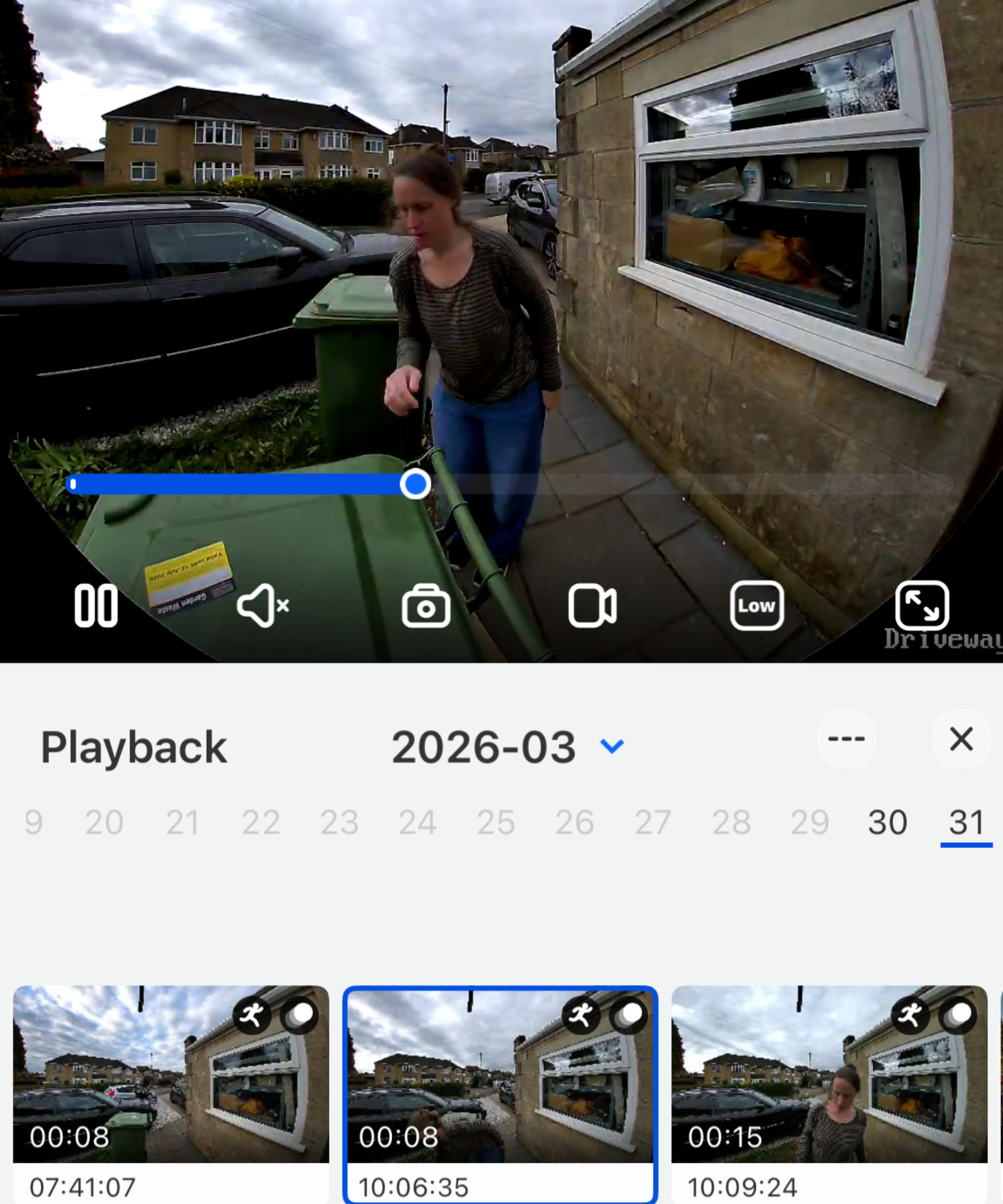 Screenshot of Reolink app showing the Reolink video doorbell (battery)'s stored footage.