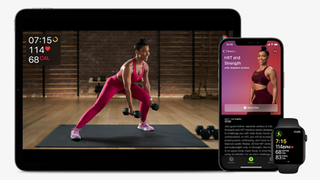 Apple Fitness Plus on an iPad, iPhone, and Apple Watch