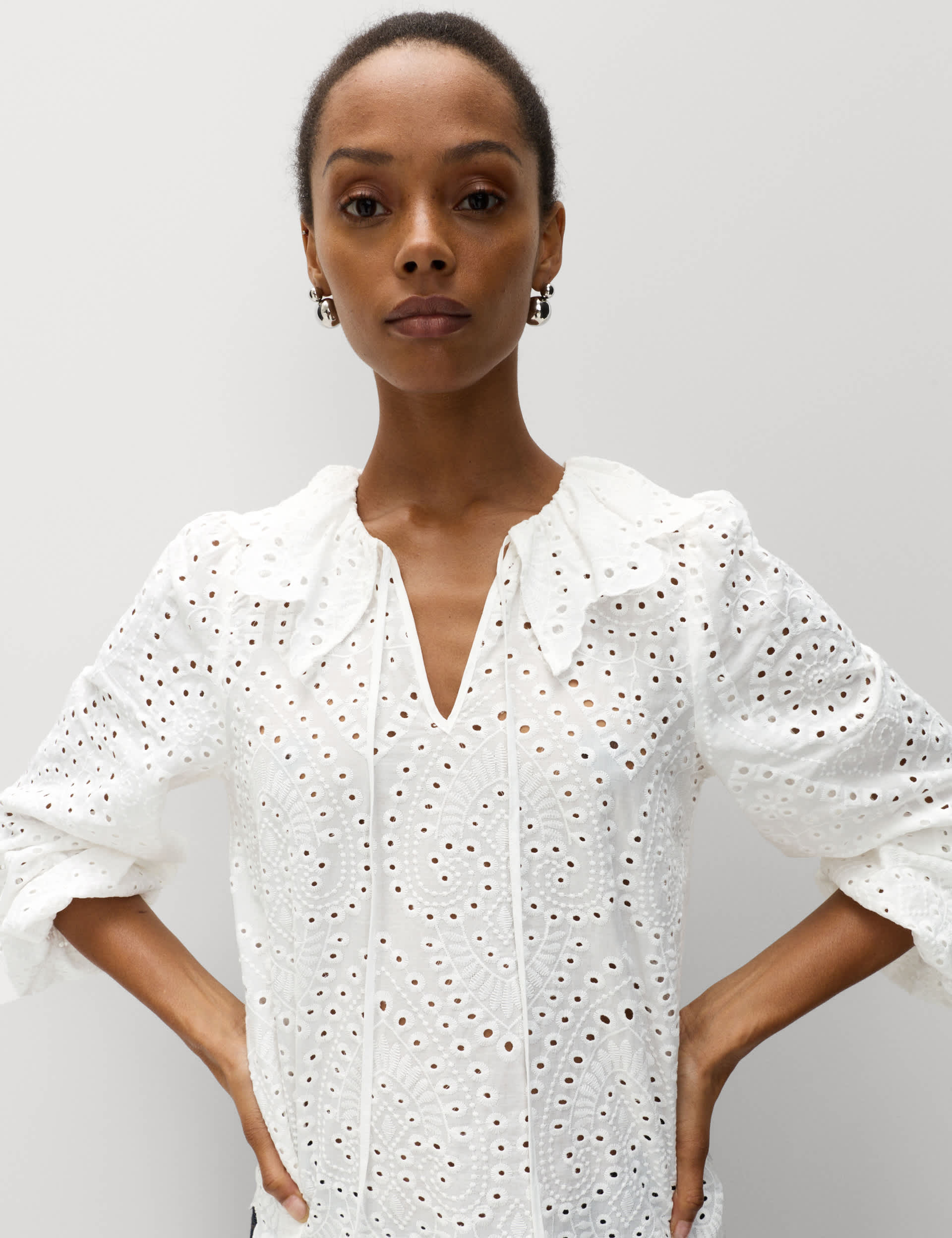 Pure Cotton Broderie Tie Front Blouse