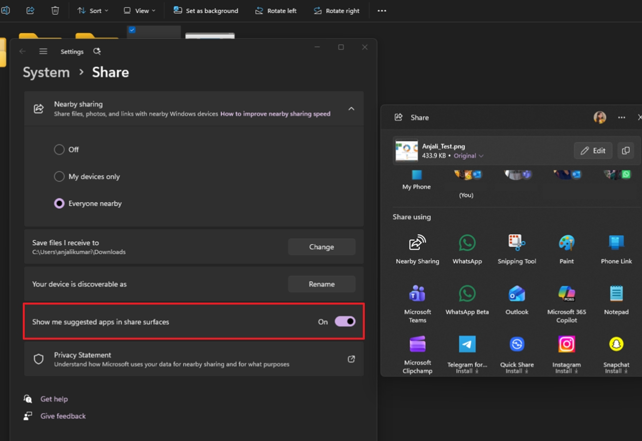 Windows settings for sharing, showing 'Nearby Sharing' options with a toggle for suggested apps turned on.