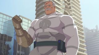 Conquest with his fist raised. 