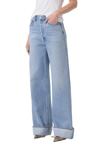 Jeans feminino de algodão orgânico com cintura alta e perna larga