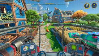 Lightyear Frontier - in first person a player sit inside a mech cockpit looking at two blue barns, several garden boxes, and a brightly plumed alient bird