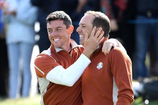 Rory McIlroy and Sergio Garcia embrace at the 2018 Ryder Cup
