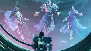 An image from Destiny 2: Season of the Deep of a guardian looking through glass at three figures suspended in water.