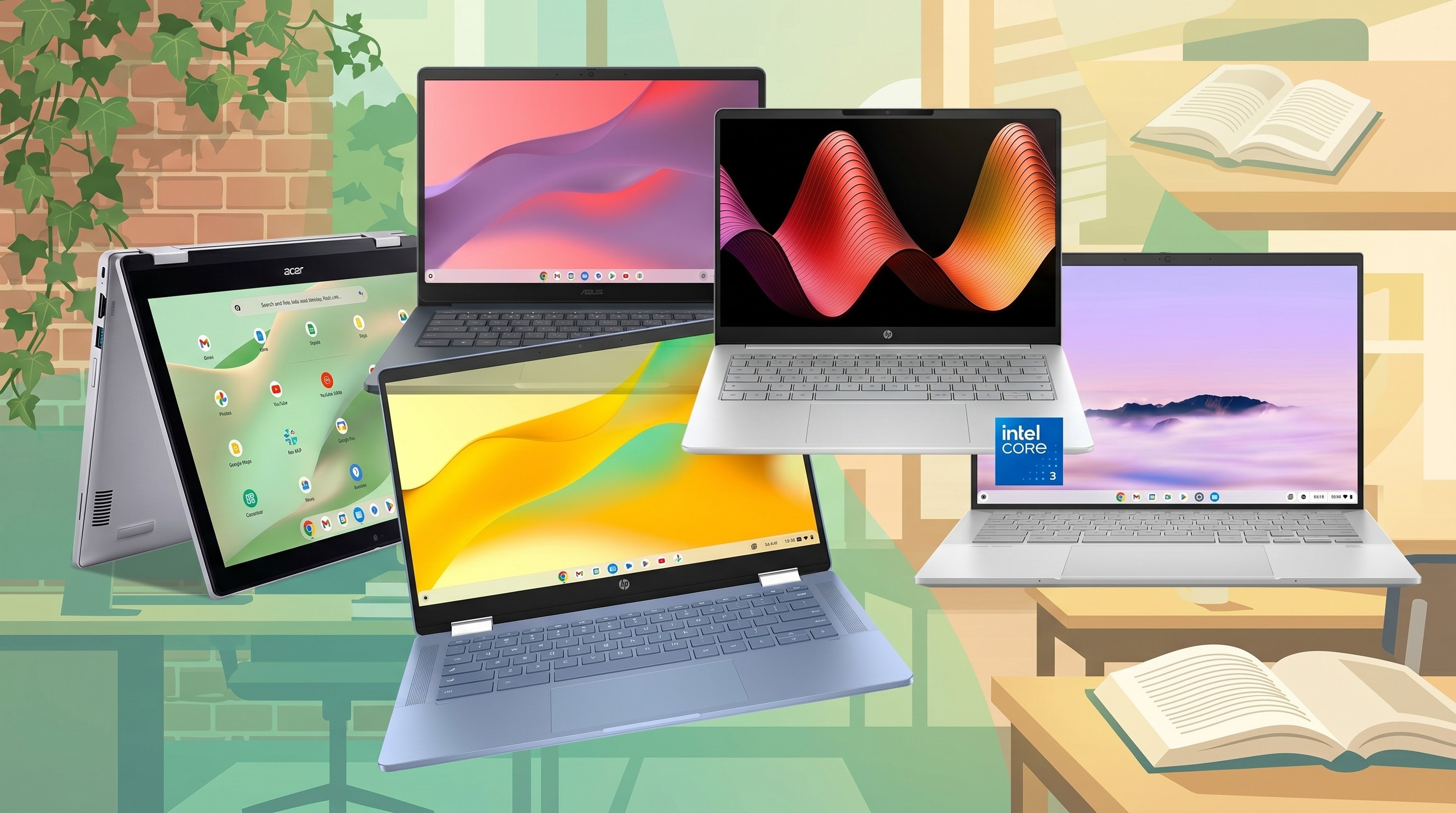Assorted Chromebooks from Acer, Asus, Lenovo, and HP arranged on at background that depicts an office or college class room.