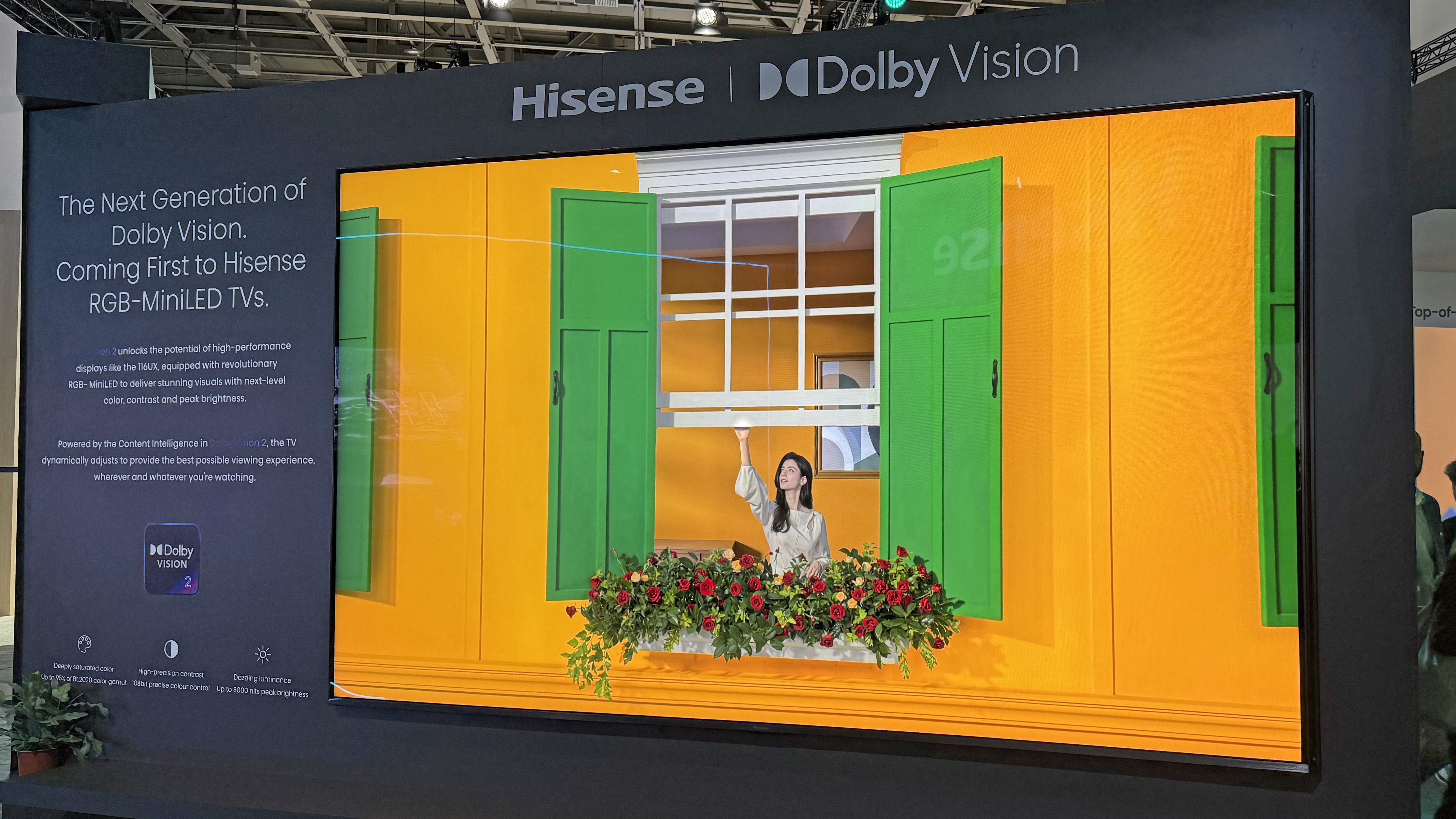 A Hisense TV showing Dolby Vision 2 footage, with the Dolby Vision logo