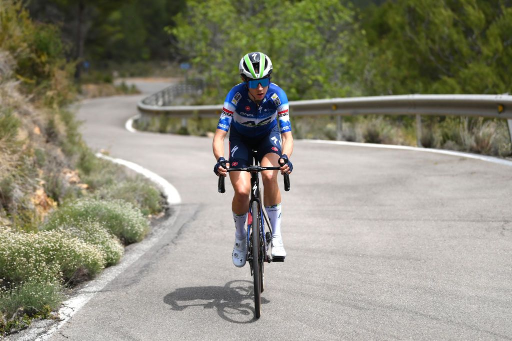 TERUEL SPAIN APRIL 30 Mireia Benito of Spain and AG Insurance Soudal Team attacks during the 10th La Vuelta Femenina 2024 Stage 3 a 1303km stage from Lucena del Cid to Teruel UCIWWT on April 30 2024 in Teruel Spain Photo by Alex BroadwayGetty Images