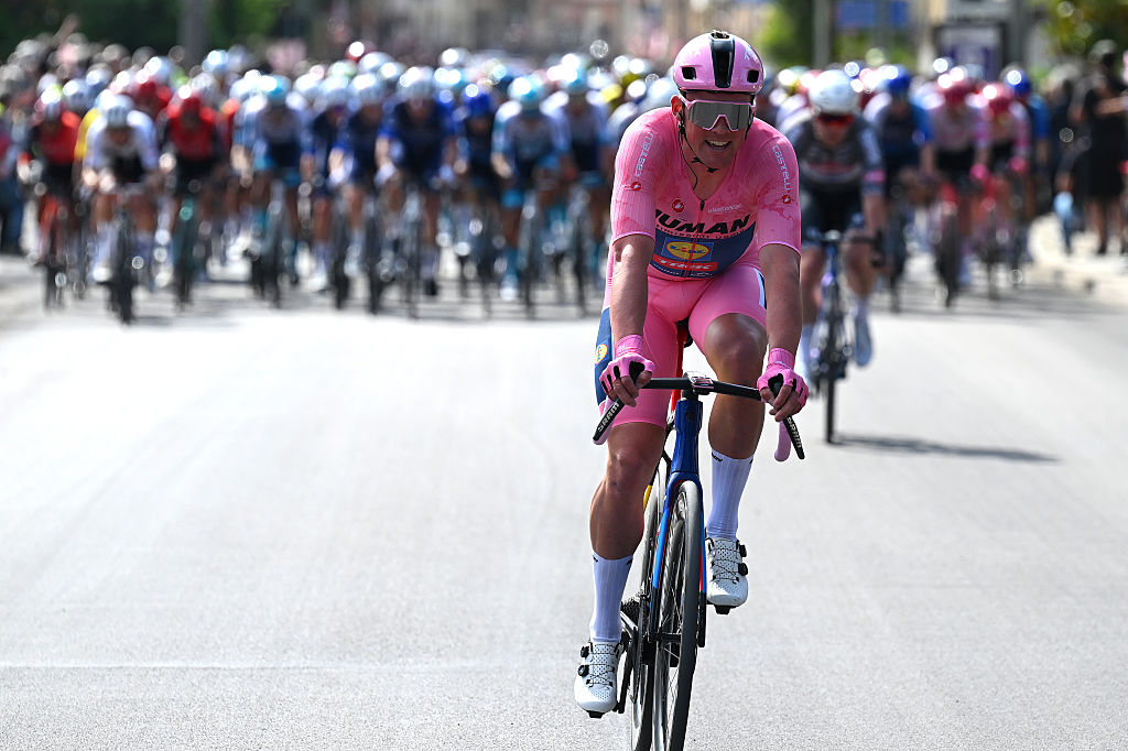 LECCE ITALY MAY 13 Mads Pedersen of Denmark and Team Lidl Trek Pink Leader Jersey competes during the 108th Giro dItalia 2025 Stage 4 a 189km stage from Alberobello Pietramadre to Lecce UCIWT on May 13 2025 in Lecce Italy Photo by Tim de WaeleGetty Images