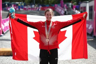 GOLD COAST, AUSTRALIA - APRIL 12: Bronze medalist Haley Smith of Canada poses during the medal ceremony for the Women's Cross-country on day eight of the Gold Coast 2018 Commonwealth Games at Nerang Mountain Bike Trails on April 12, 2018 on the Gold Coast, Australia. (Photo by Phil Walter/Getty Images)