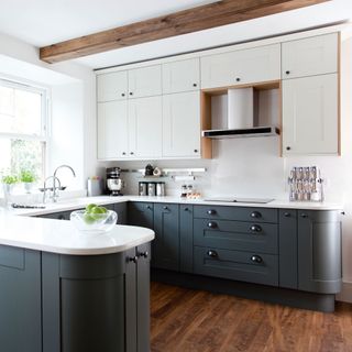 Dark wood and blue kitchen