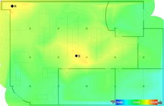 Purch Labs test with Google Wifi router at corner of workspace, and one satellite node in center. Red indicates strongest signal, blue weakest. Credit: Purch Labs