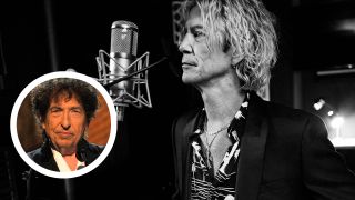 Duff McKagan in the studio with an inset of Bob Dylan