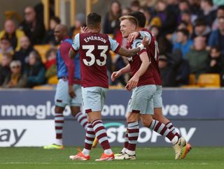 James Ward-Prowse celebrates with West Ham team-mates after scoring a goal directly from a corner against Wolves in April 2024.