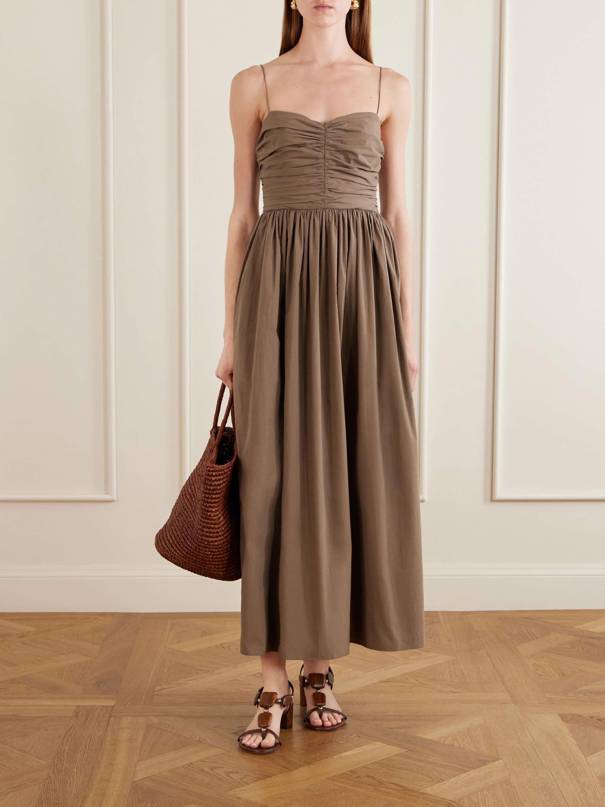 Gathered Organic Cotton-Poplin Midi Dress