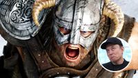 A Skyrim wqrrior yelling with an inset of Elon Musk