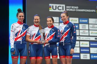 Jess Roberts (second from left) rode as a junior at the 2017 UCI Road World Championships in Bergen, Norway