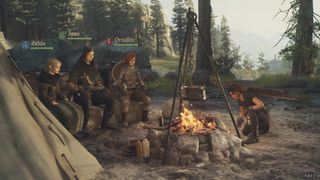 Dragon's Dogma 2 screenshot of a player and their pawns around a campfire
