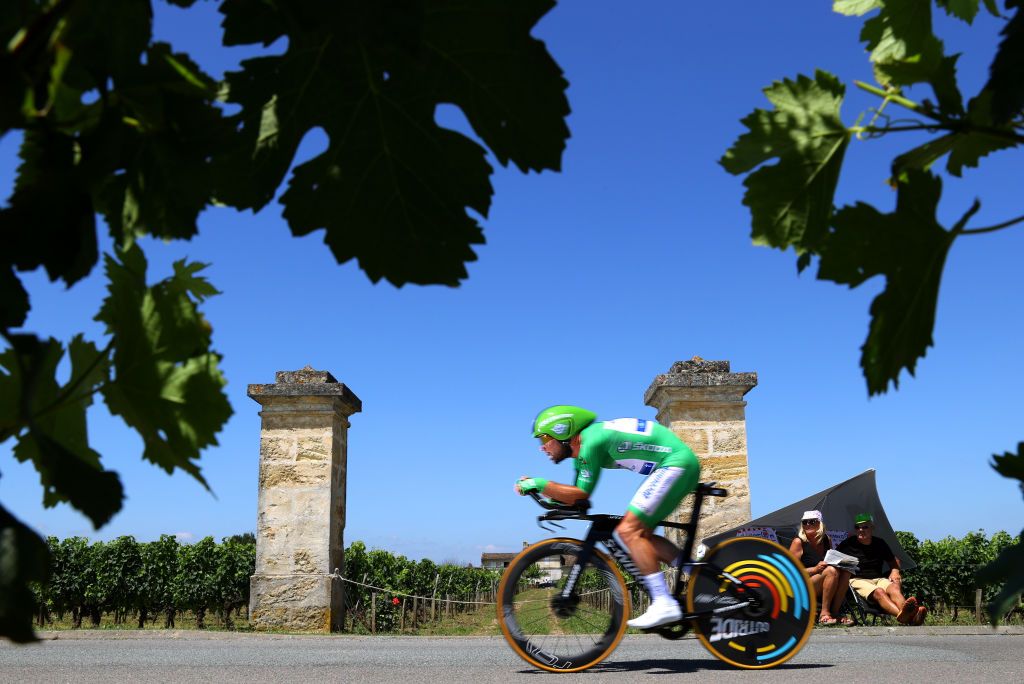 SAINTEMILION FRANCE JULY 17 Mark Cavendish of The United Kingdom and Team Deceuninck QuickStep Green Points Jersey during the 108th Tour de France 2021 Stage 20 a 308km Individual Time Trial Stage from Libourne to SaintEmilion 75m Public Fans ITT LeTour TDF2021 on July 17 2021 in SaintEmilion France Photo by Tim de WaeleGetty Images
