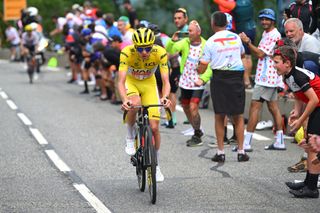 SAINTLARYSOULAN PLA DADET FRANCE JULY 13 Tadej Pogacar of Slovenia and UAE Team Emirates Yellow Leader Jersey attacks during the 111th Tour de France 2024 Stage 14 a 1519km stage from Pau to SaintLarySoulan Pla dAdet 1653m UCIWT on July 13 2024 in SaintLarySoulan Pla dAdet France Photo by Dario BelingheriGetty Images