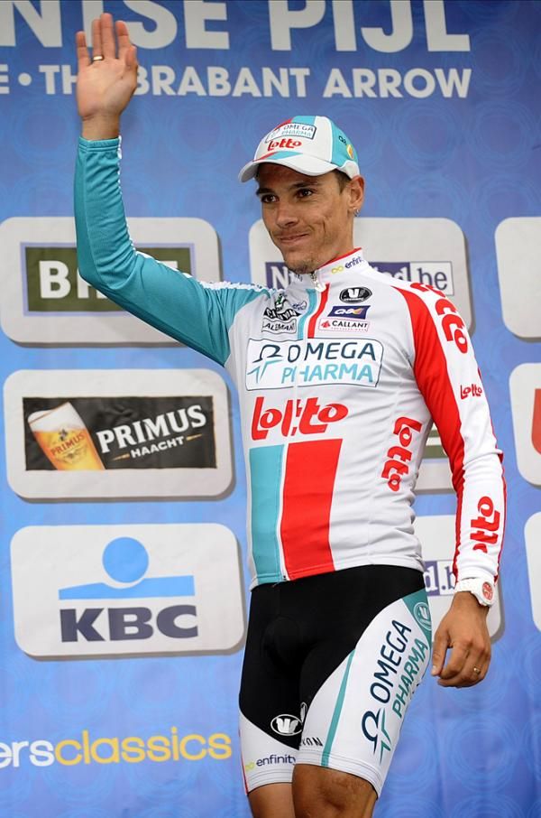 Philippe Gilbert (Omega Pharma-Lotto) on the podium at Brabantse Pijl