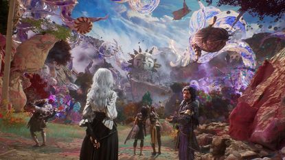 An RPG party strolls through a whimsically colorful fantasy landscape.
