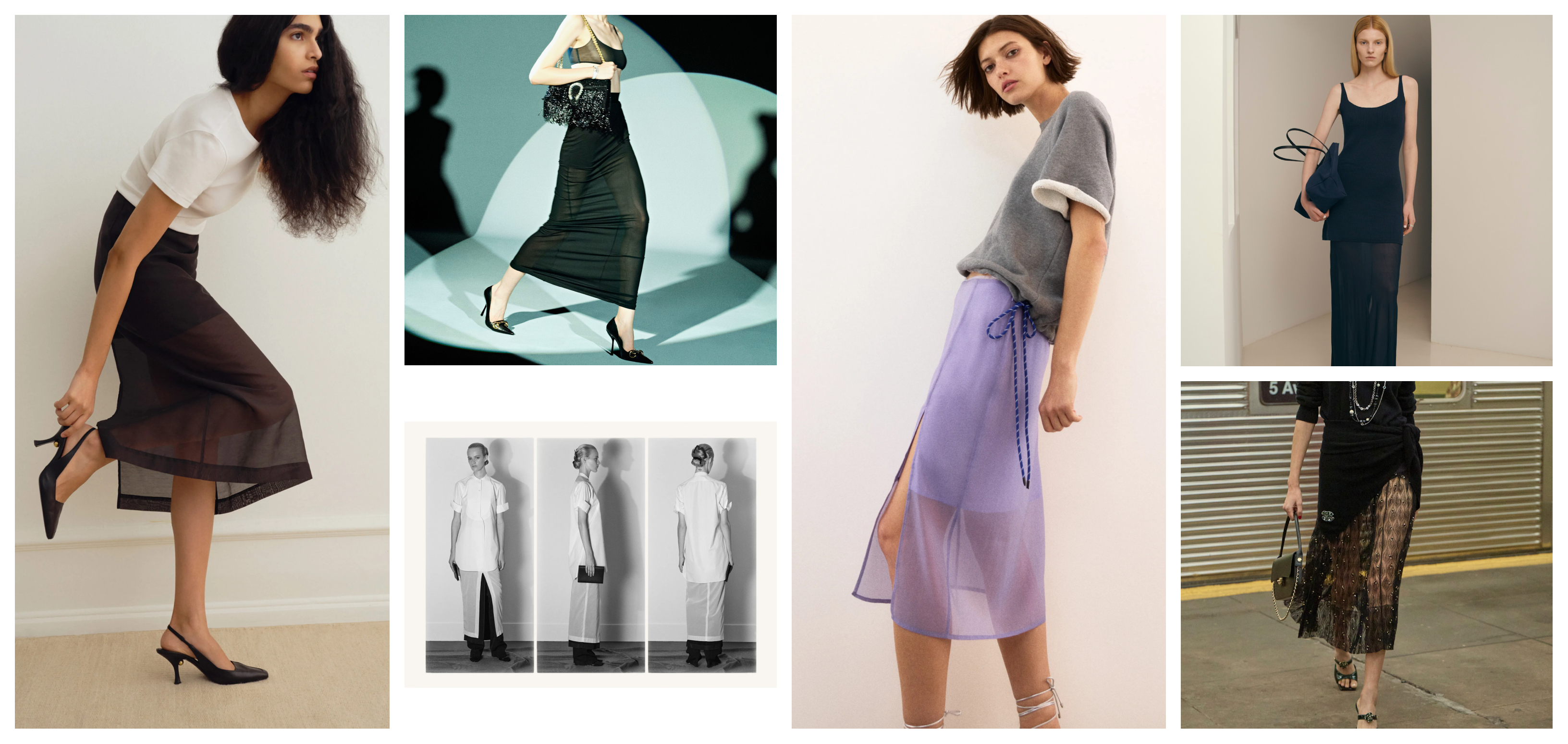 summer 2026 layering tricks, sheer skirt at By Malene Birger, Gucci, The Row, Rag and Bone, Kallmeyer, and Chanel