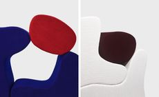 Pair of images showing shapes upholstered in Kvadrat/Raf Simons textiles in red, blue, white and black