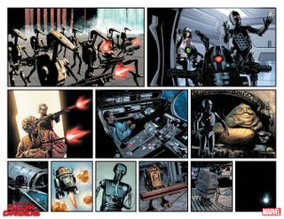 a series of comic book panels showing a variety of droids firing blaster rifles