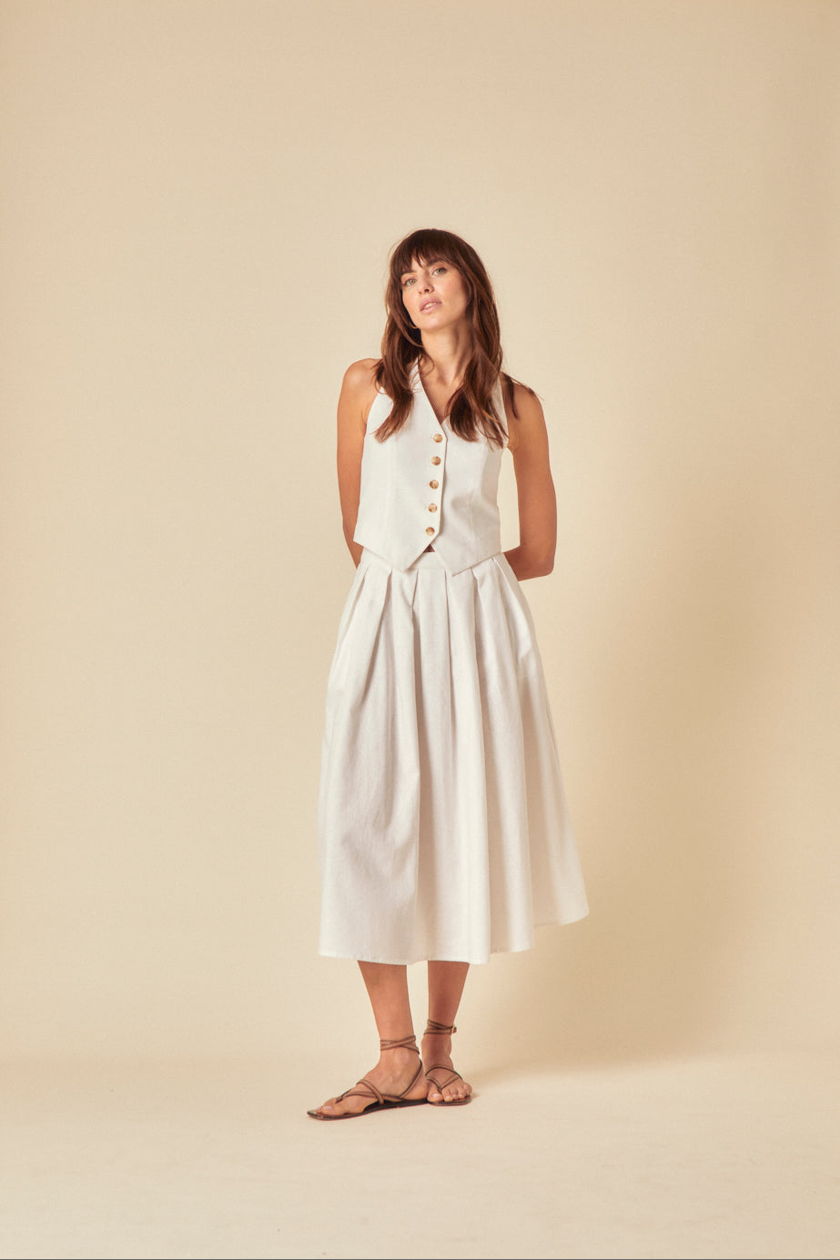 White Linen-Blend Pleated Midi Skirt