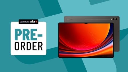 Samsung Galaxy Tab S9 on blue background with pre-order badge