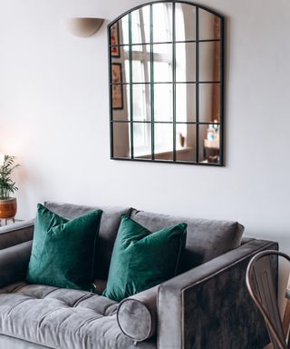 Bancroft window mirror idea by Cult Furniture in living room with grey sofa and green cushions