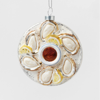 Christmas tree ornament from Target depicting oysters on ice.
